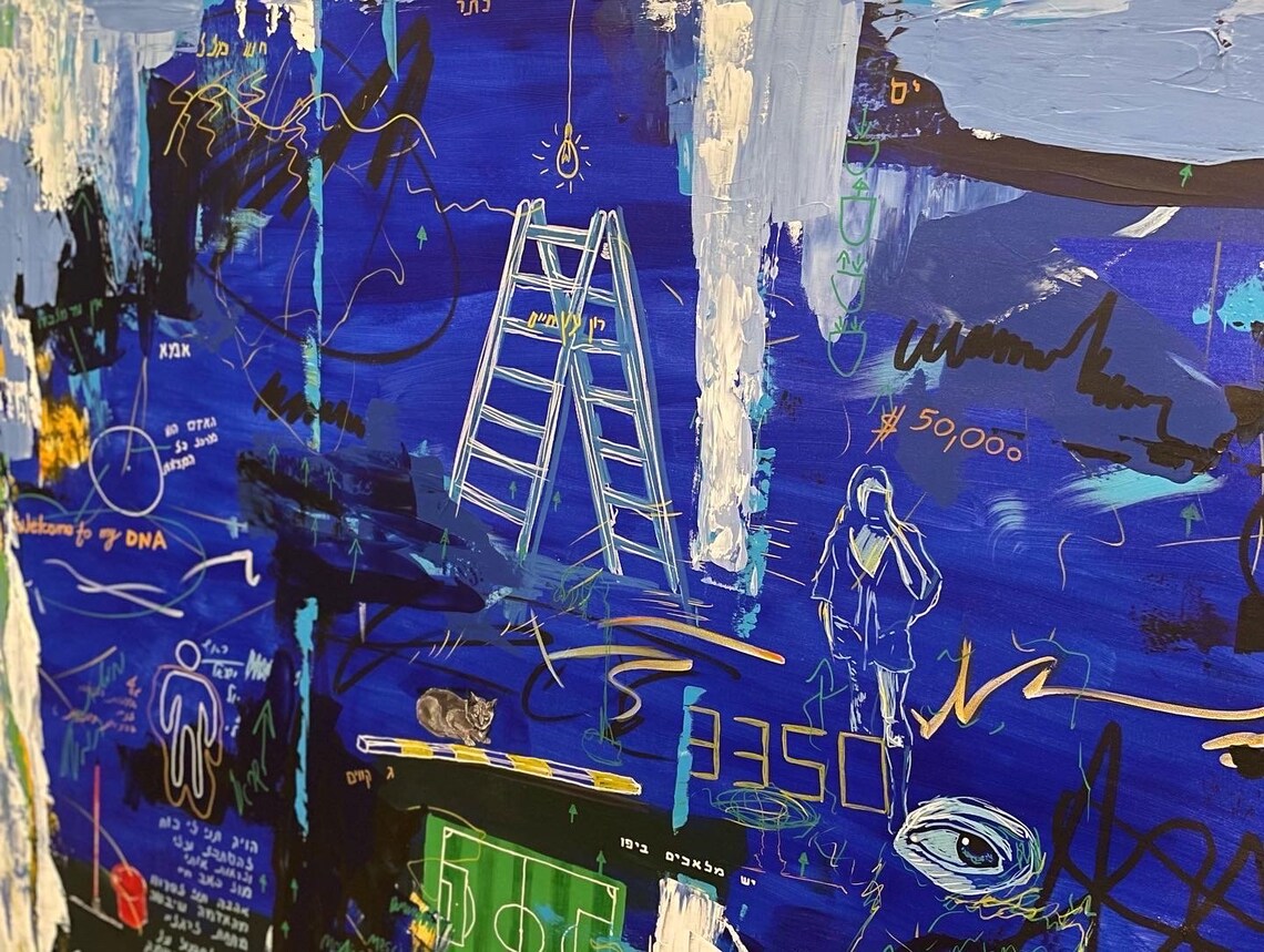 Angels In Jaffa Deep Blue Symbolic Mixed Media Painting Poster - Image 2