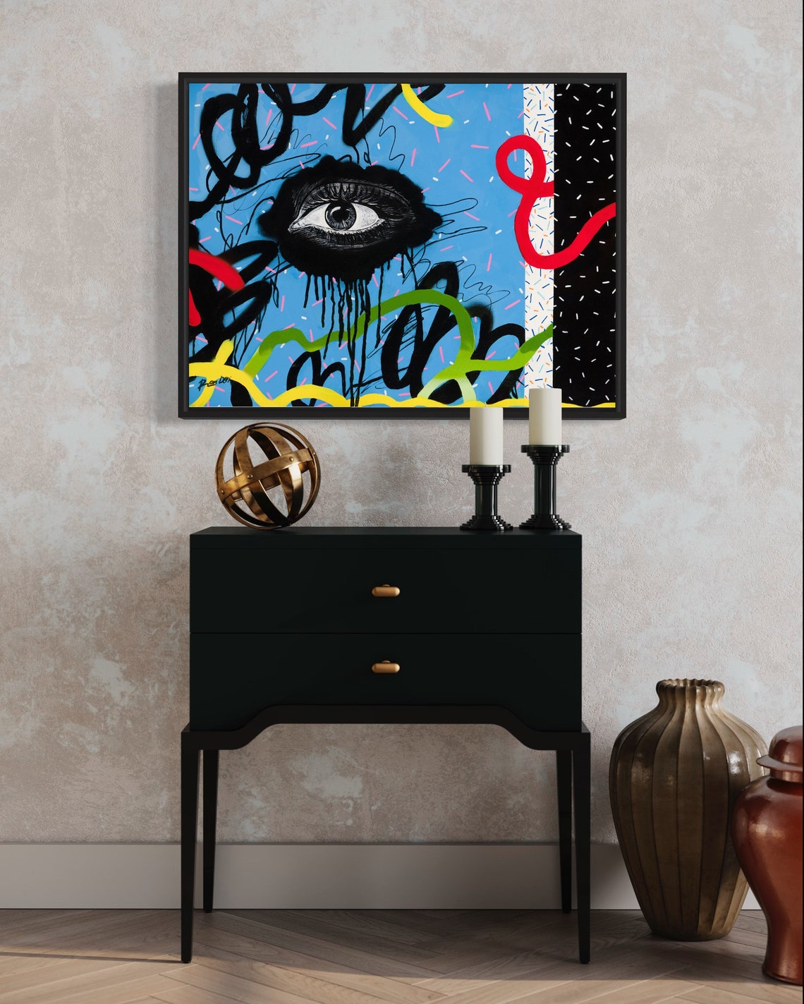 501 Eye Surreal Pop Art Black Eye Blue Doodle Abstract Poster - Image 2