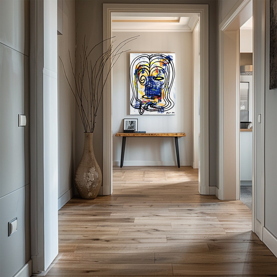 Black Line Face on White with Blue Yellow Splashes Vertical Poster - Image 5