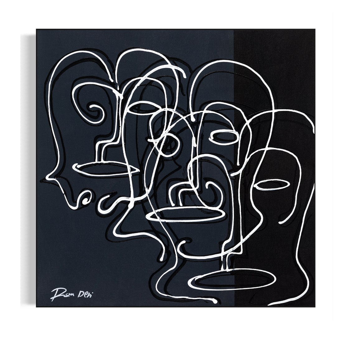 Clustered White Line Faces Black Square Abstract Artwork Poster - Image 4