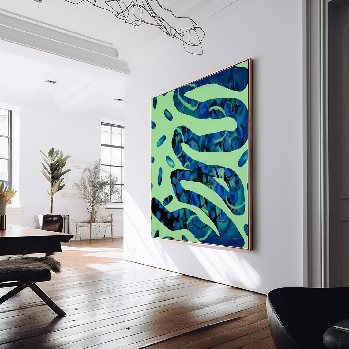 Neon Green Organic Shapes With Blue Ovals Bold Abstract Poster - Image 5