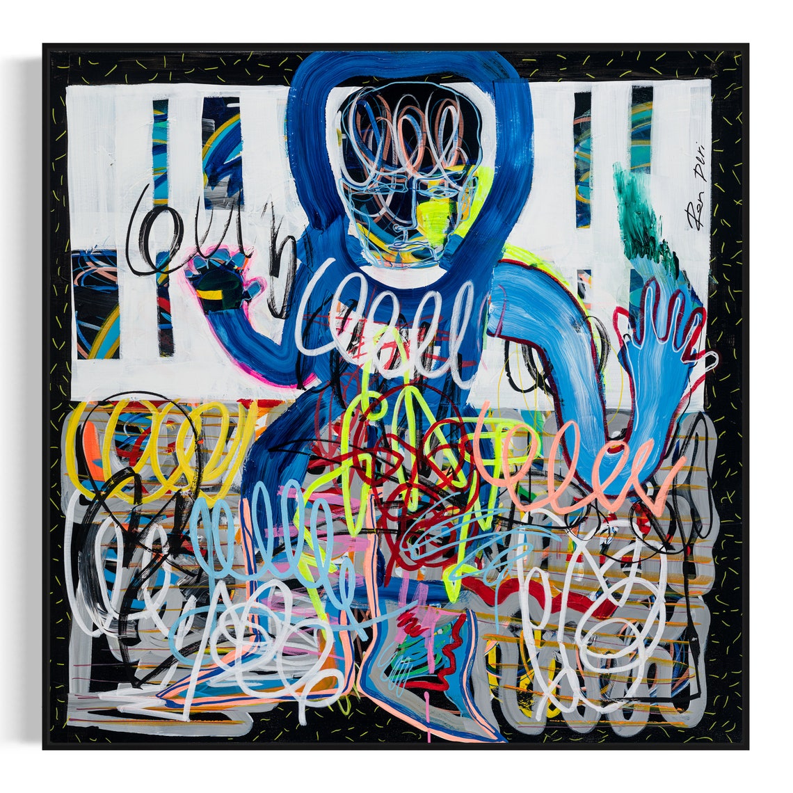 Blue Abstract Figure Covered in Colorful Scribbles Modern Art Poster - Image 3