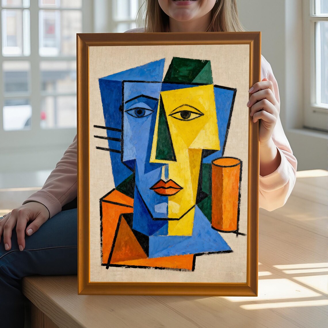 Cubist Geometric Face in Blue Yellow and Green Abstract Print