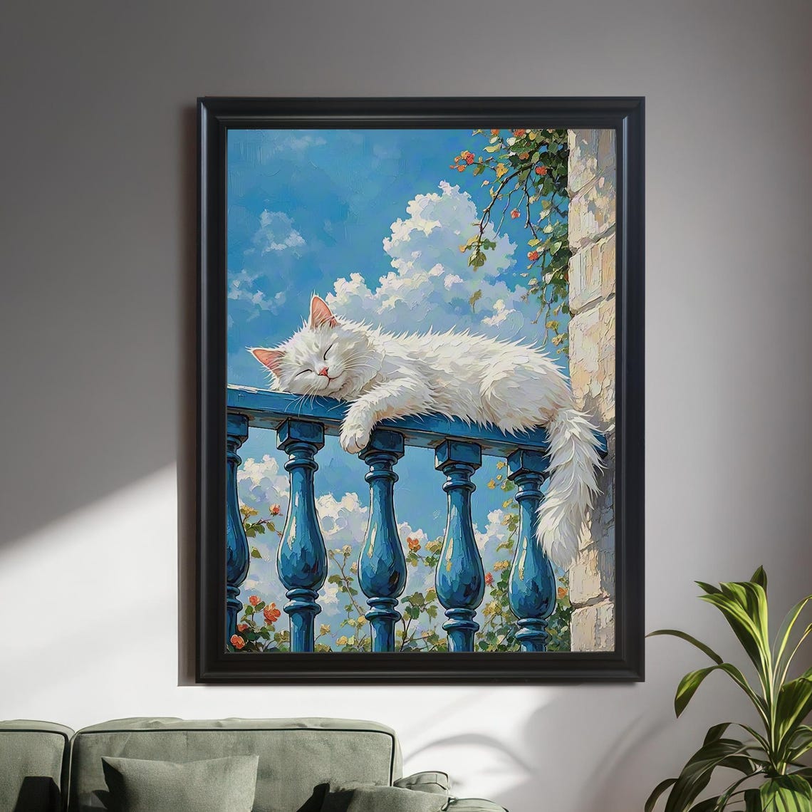 Sleeping White Cat On Blue Balcony Railing Under Sunny Sky Poster