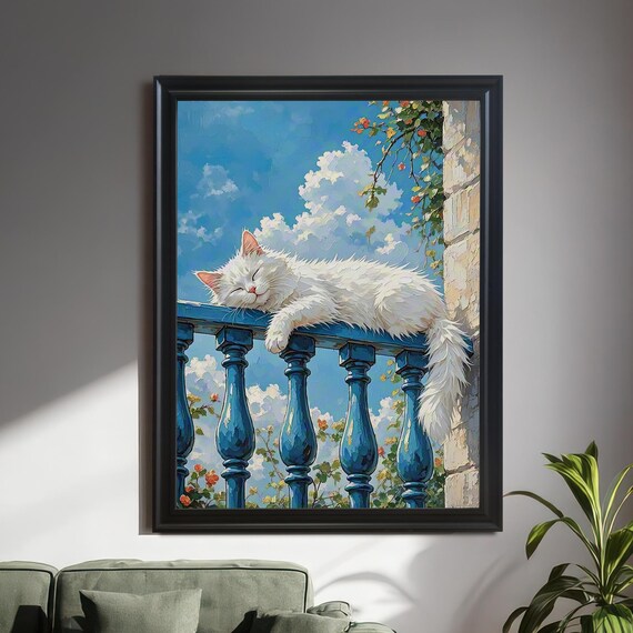 Sleeping White Cat On Blue Balcony Railing Under Sunny Sky Poster
