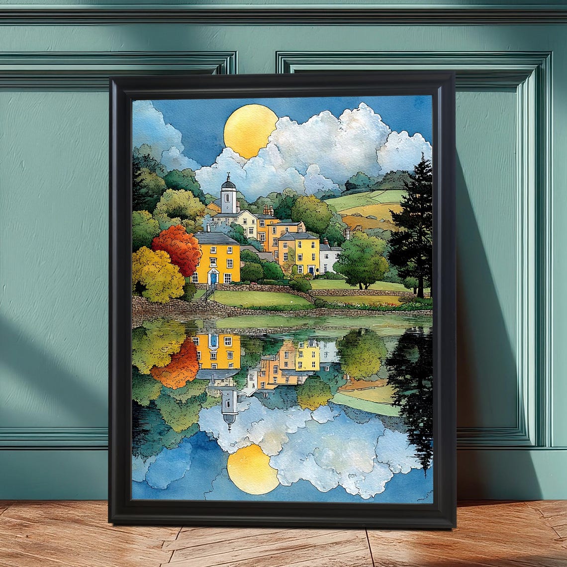 Charming Lakeside Village With Perfect Mirror Reflection Poster