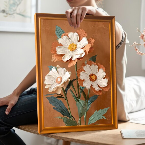 Textured White And Burnt Orange Flowers Impasto Botanical Poster