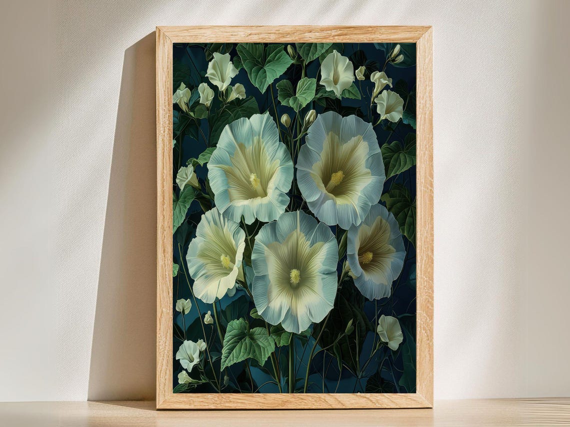 Large White Morning Glory Blooms On Dark Blue Night Garden Wall Art