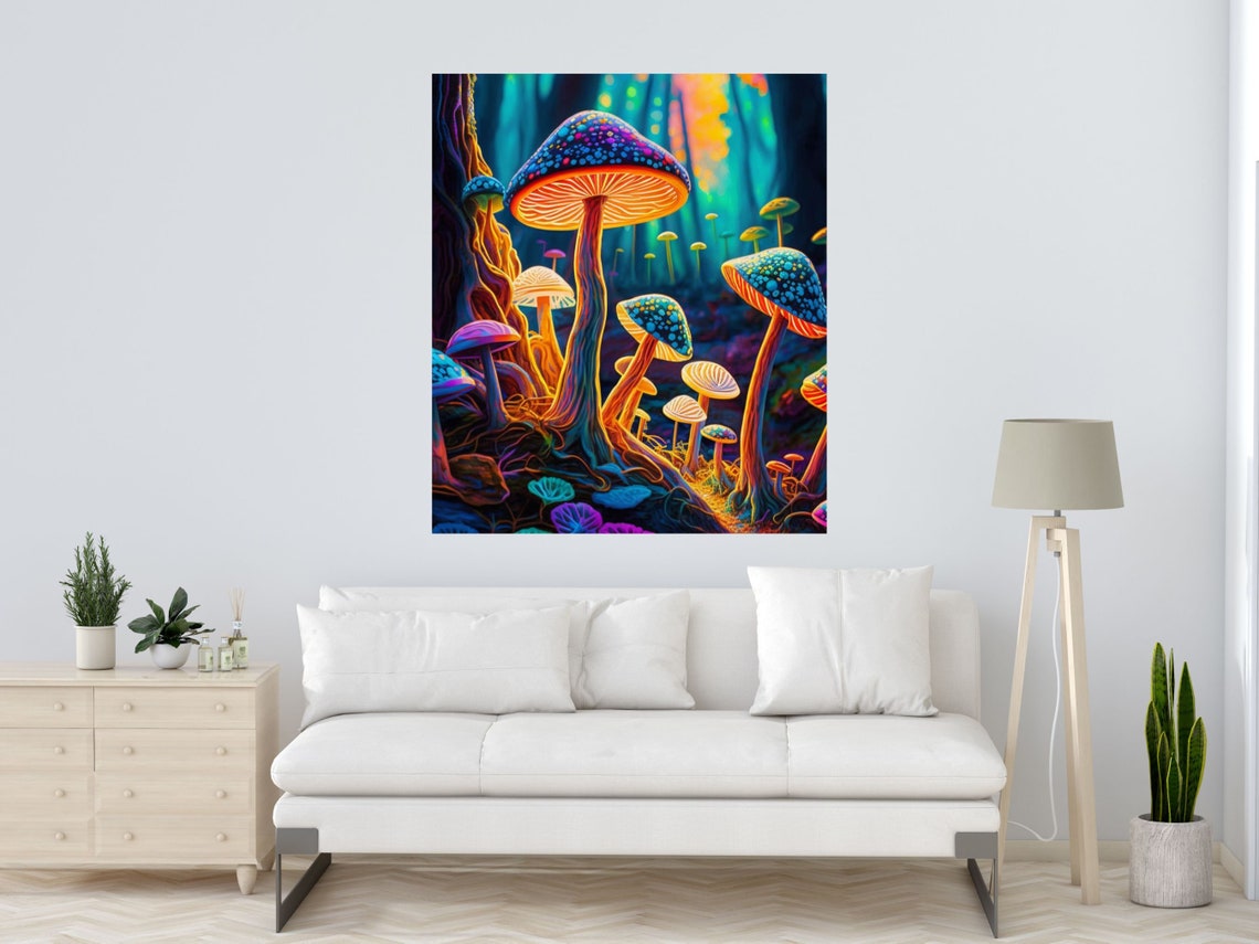 Neon Psychedelic Mushroom Forest With Glowing Blue Spotted Caps Poster - Image 3