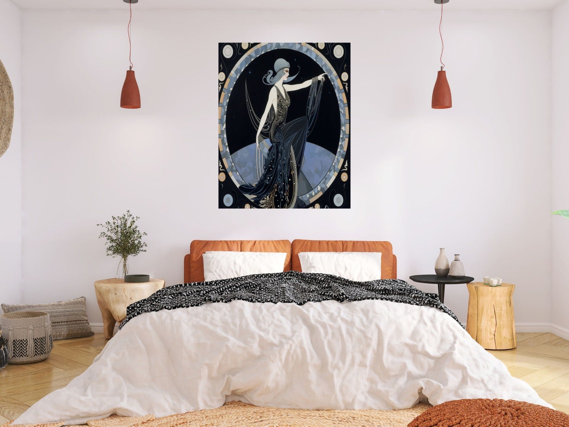 Art Deco Blue Night Sketch Woman In Black Gown Moon Circle Poster - Image 3