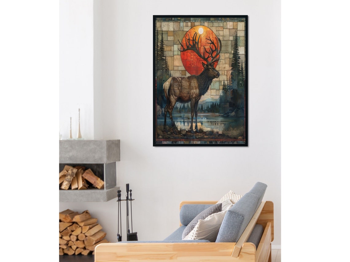 Dramatic Art Deco Elk Red Sunset Mosaic Forest Wildlife Wall Art - Image 6
