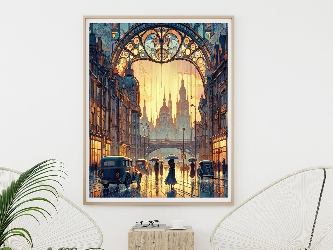 Art Nouveau Rainy 1920s City Street Through Golden Arch Window Poster - Image 4