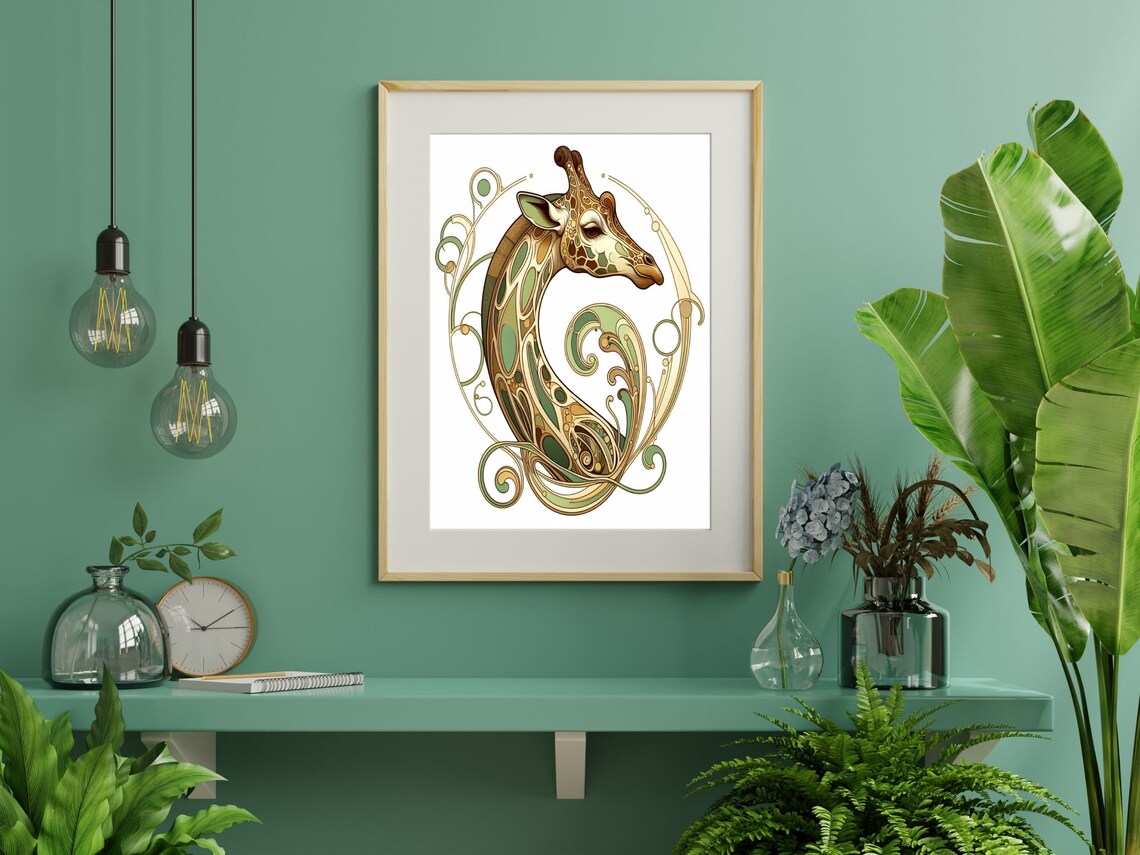 Art Nouveau Giraffe in Sage Green and Gold Scroll Wall Poster - Image 5