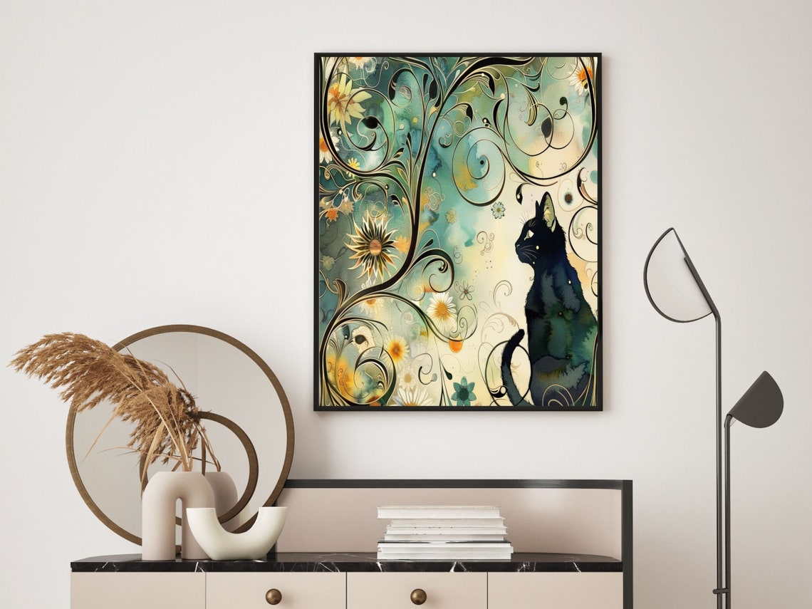 Art Nouveau Black Cat Watercolor Botanical Garden Swirl Wall Art - Image 6
