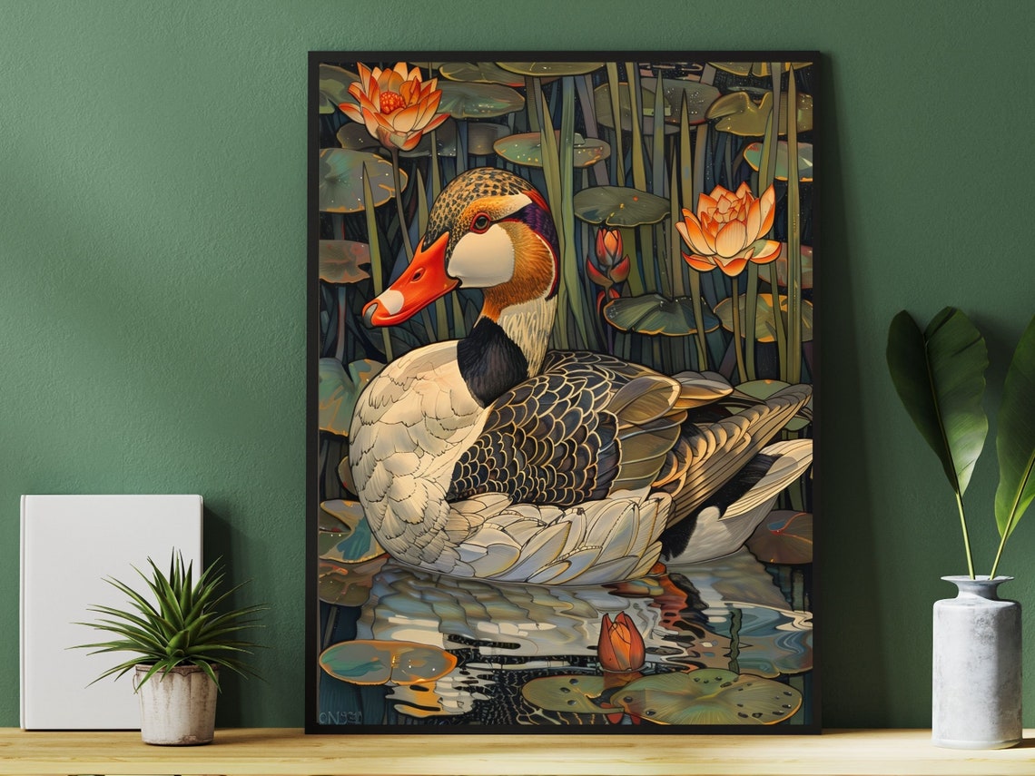 Elegant Art Deco Duck Pond Lotus Flowers Vintage Wildlife Poster