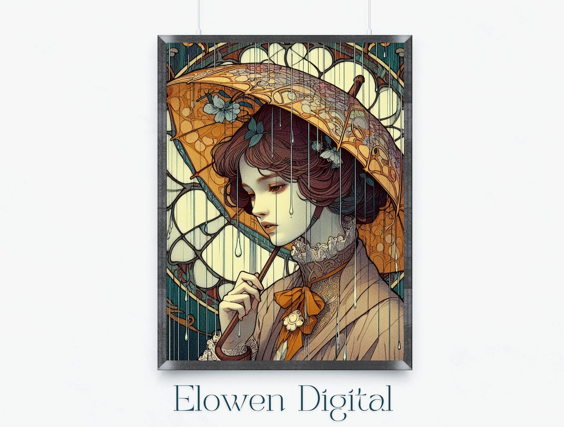 Art Nouveau Elegant Woman Under Umbrella In The Rain Wall Art