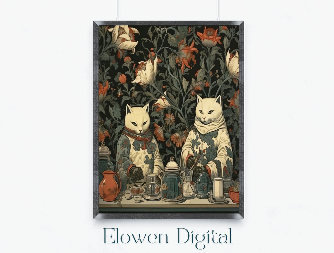 Whimsical White Cats in Kimonos Brewing Tea in the Kitchen Poster