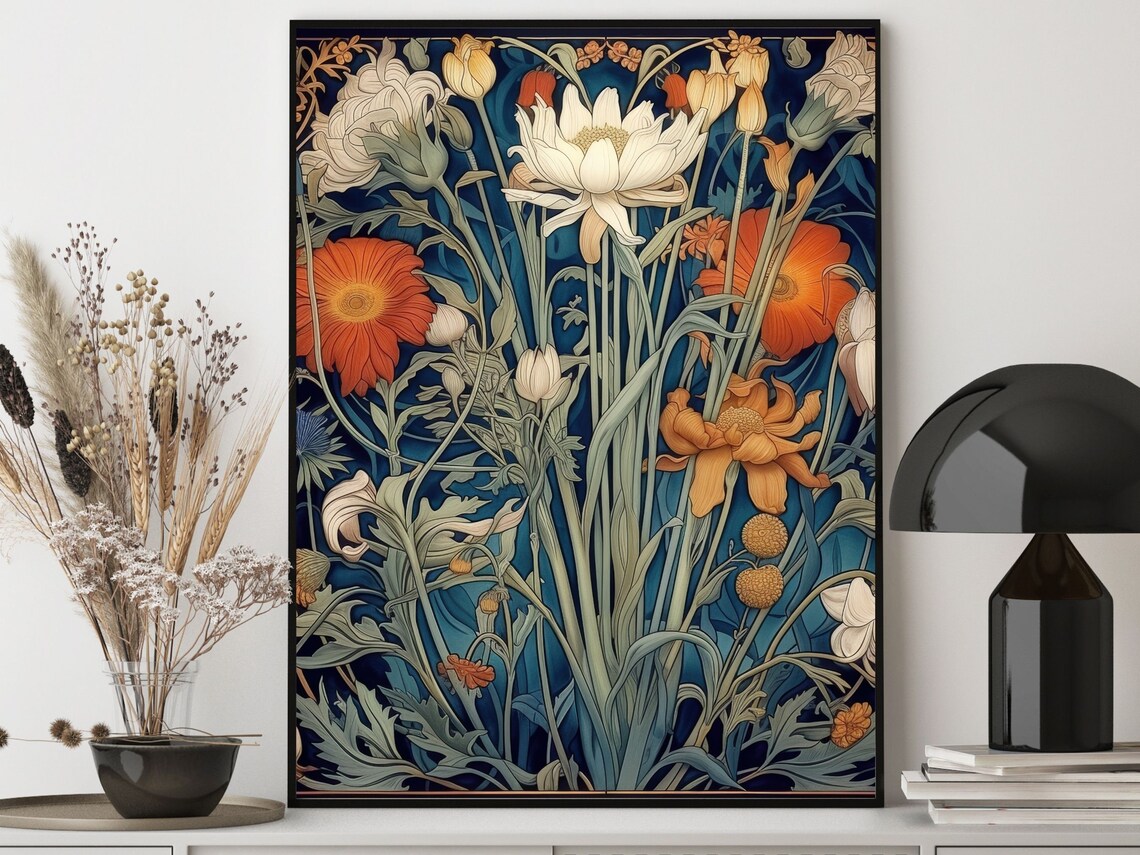 White Lotus and Orange Poppies Botanical Art Nouveau Wall Poster
