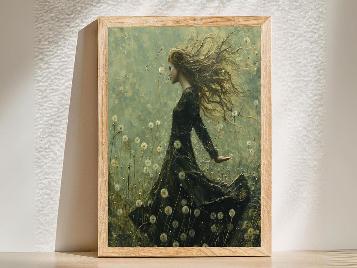 Dandelion Meadow Woman in the Wind Dark Floral Botanical Wall Poster