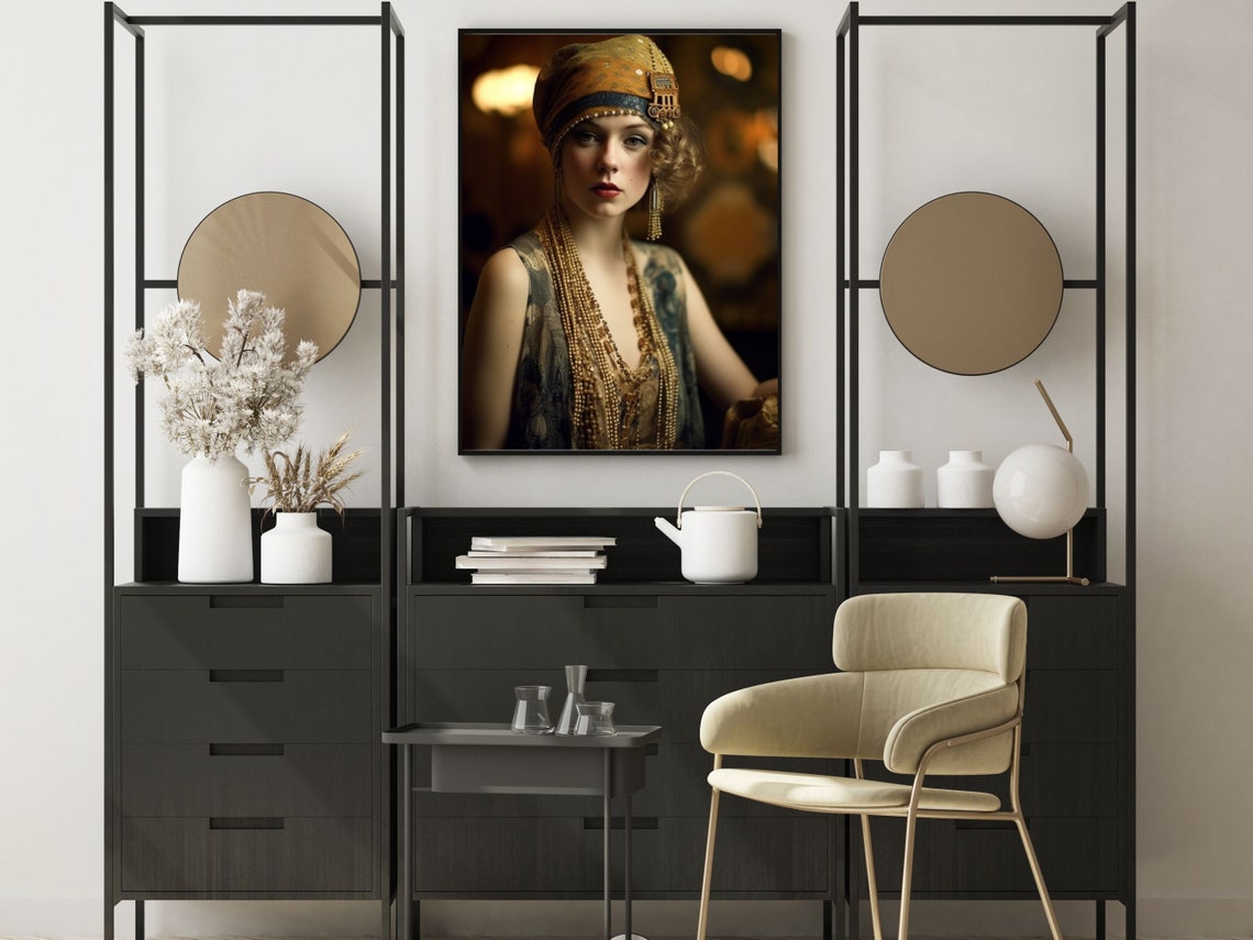 1920s Flapper Woman In Gold Beaded Headscarf And Pearls Art Deco Print - Image 5