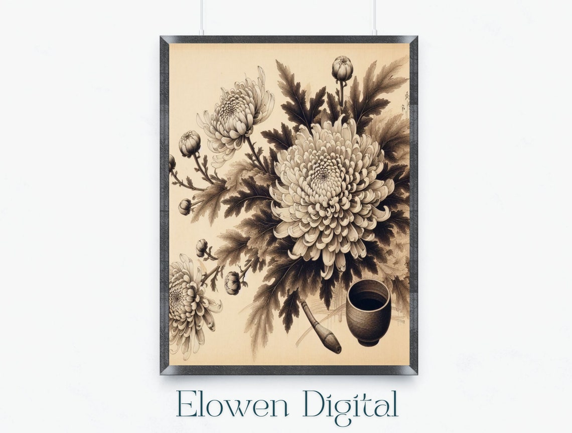 Japanese Ink Chrysanthemums Tea Cup Vintage Botanical Poster