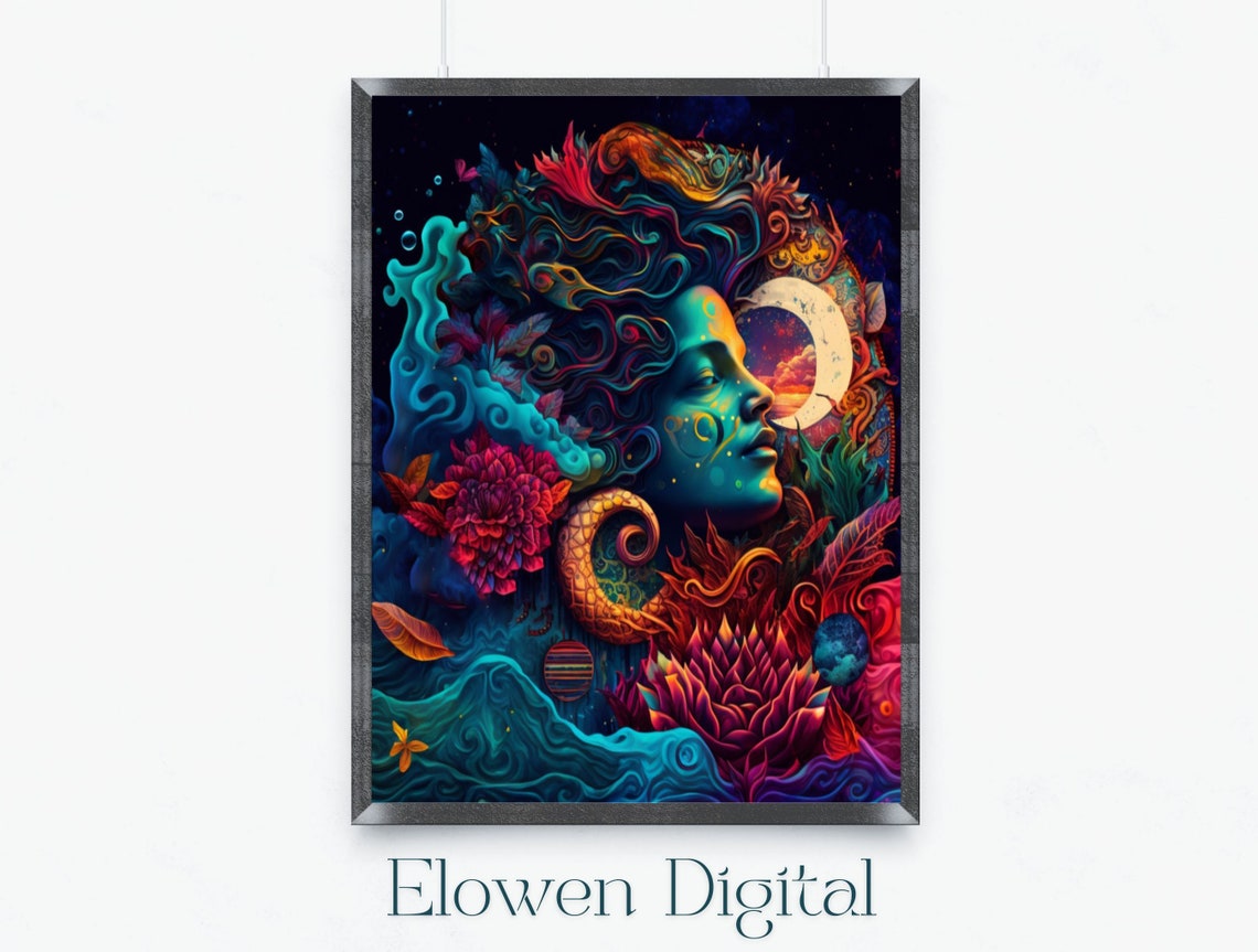 Gaia Earth Goddess Portrait with Moon and Ocean Waves Cosmic Poster