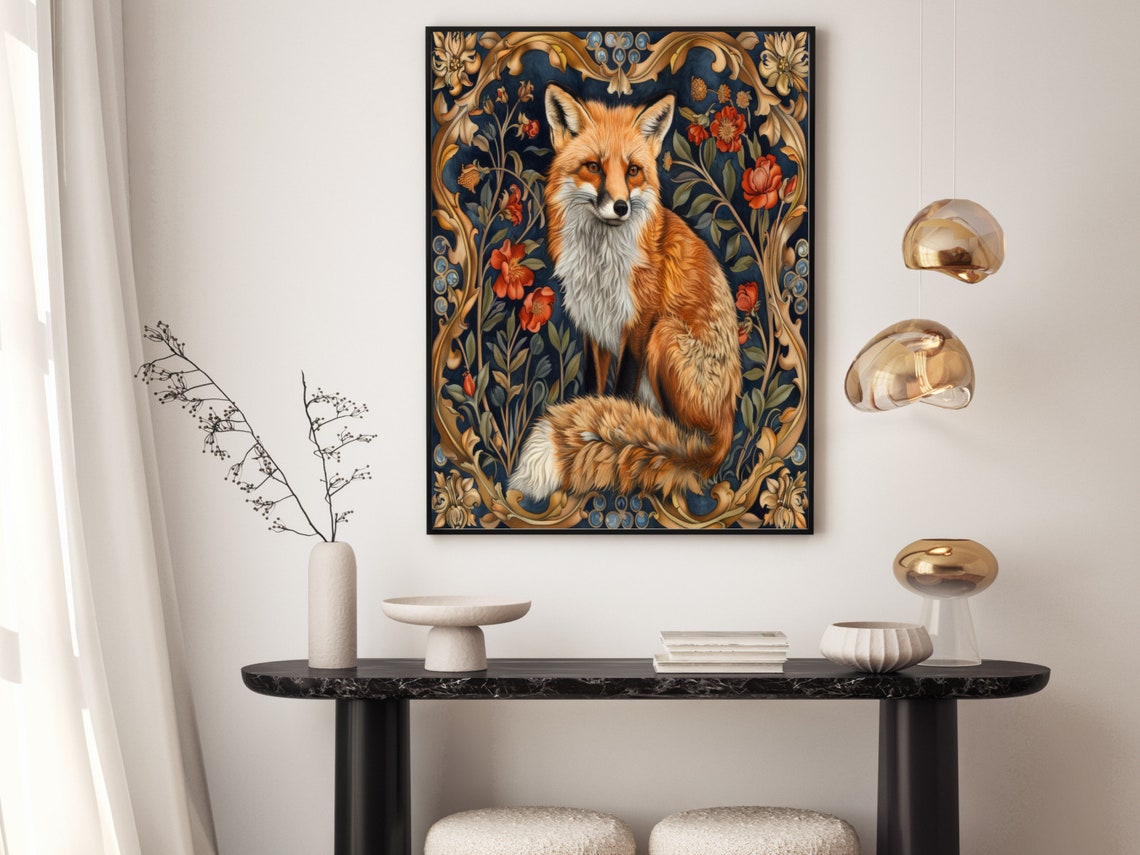 Red Fox Among William Morris Florals in Gold Scrollwork Poster - Image 6