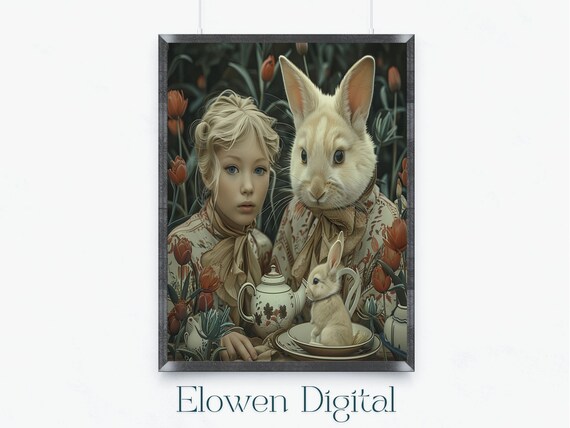 Blonde Girl And Tall White Rabbit Tulip Garden Tea Party Wall Art