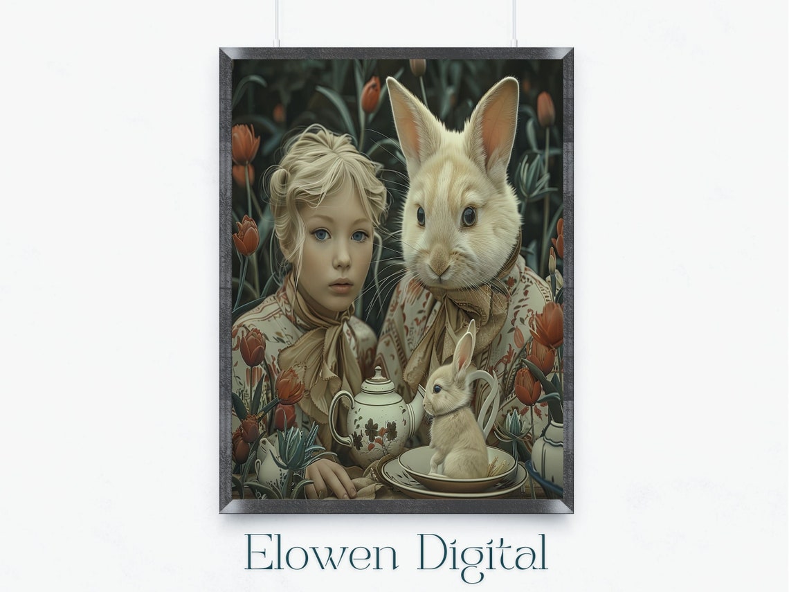 Blonde Girl And Tall White Rabbit Tulip Garden Tea Party Wall Art