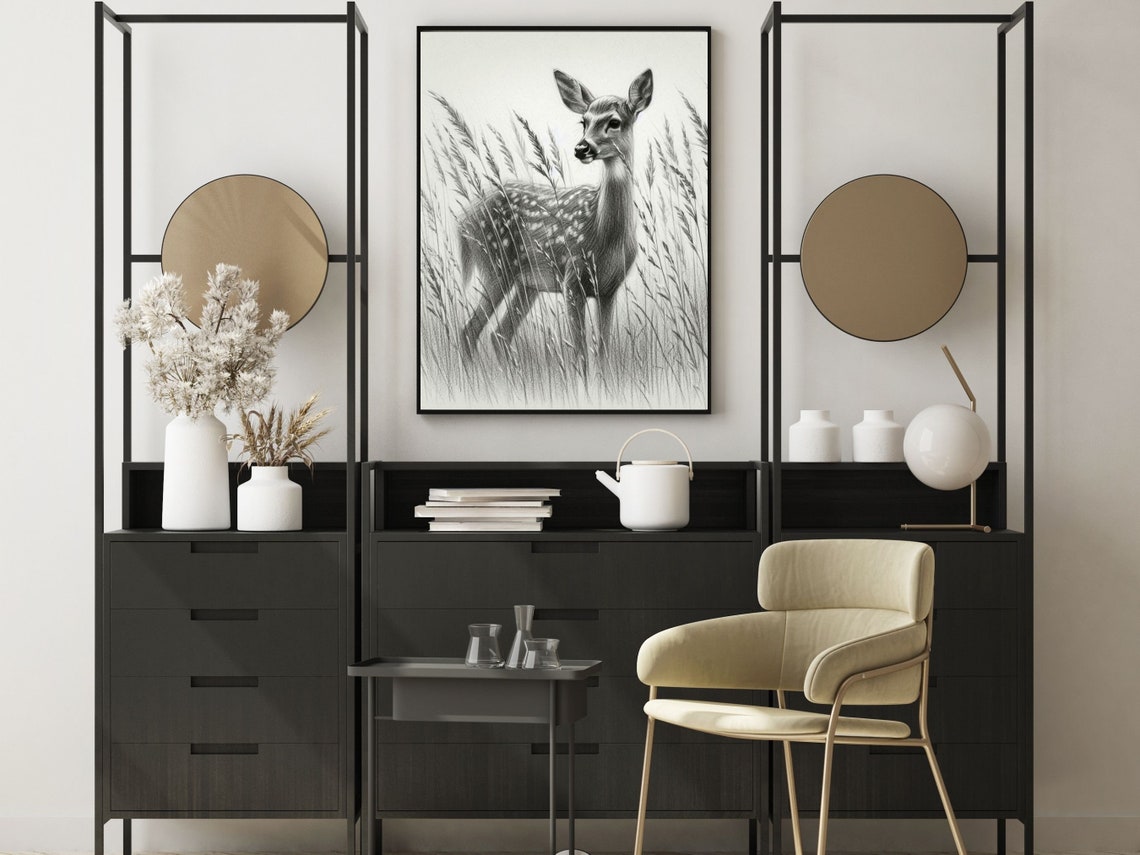 Delicate Pencil Sketch Of A Fawn Standing In Tall Grass Poster - Image 3