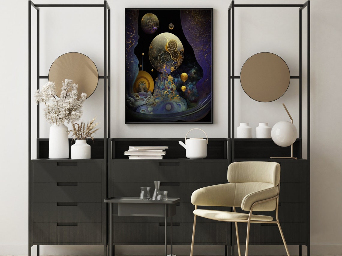 Indigo And Gold Abstract Space Art With Planets And Nebula Poster - Image 2