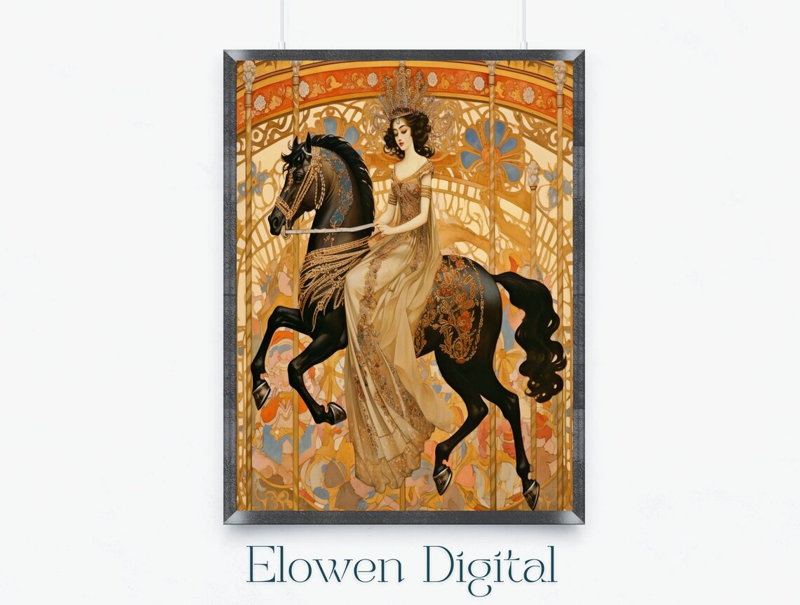 Art Nouveau Woman Riding a Black Carousel Horse in Gold Gown Poster