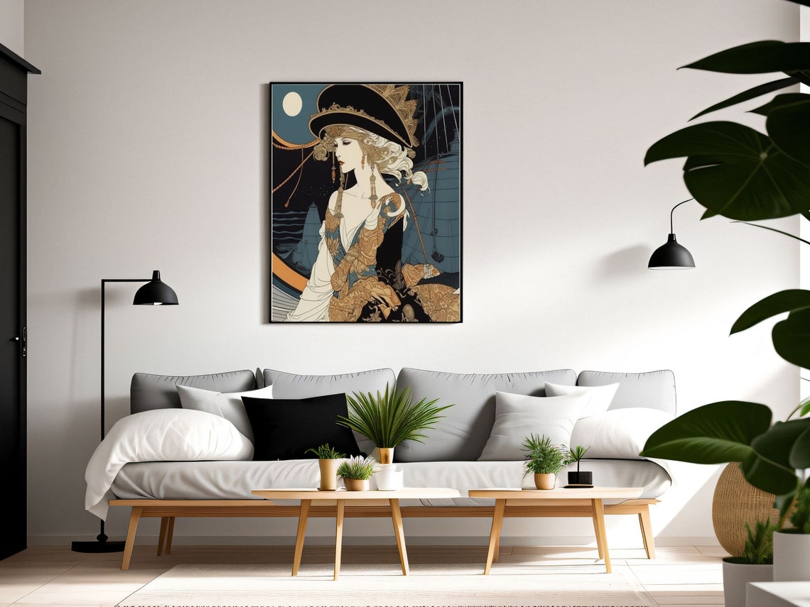 Art Deco Woman In Ornate Hat And Gold Gown Under Night Moon Poster - Image 4
