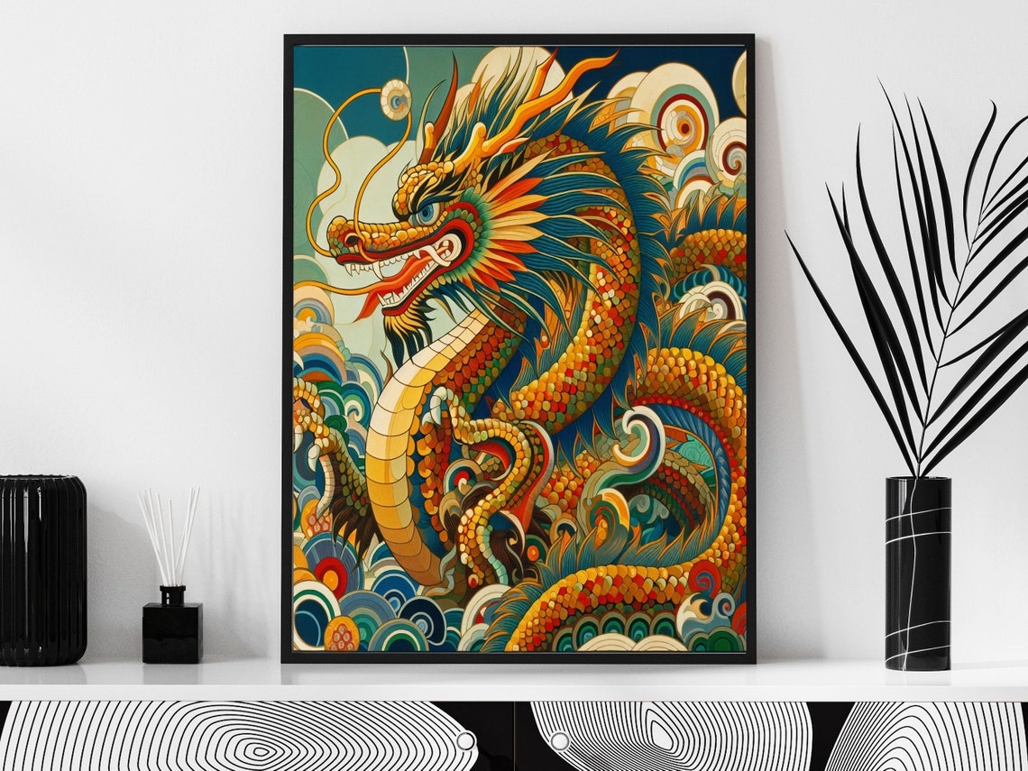 Chinese Dragon Coiled Among Ocean Waves And Clouds Scene Wall Art - Image 5