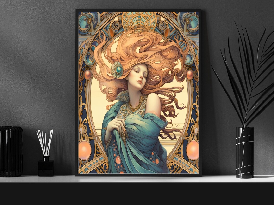 Red Haired Beauty In Teal Gown With Flowing Hair Art Nouveau Wall Art - Image 4
