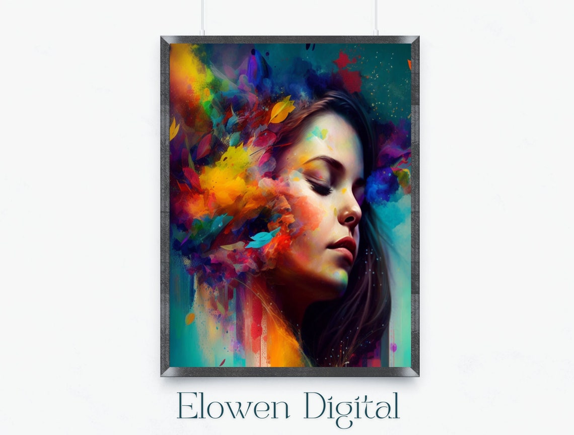 Serene Woman Portrait In Explosive Rainbow Color Paint Splash Wall Art