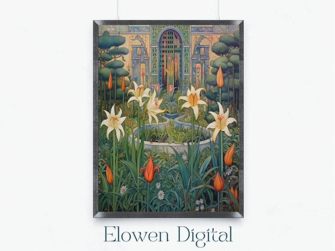 Tall White Lilies And Tulips In An Art Deco Garden Courtyard Wall Art