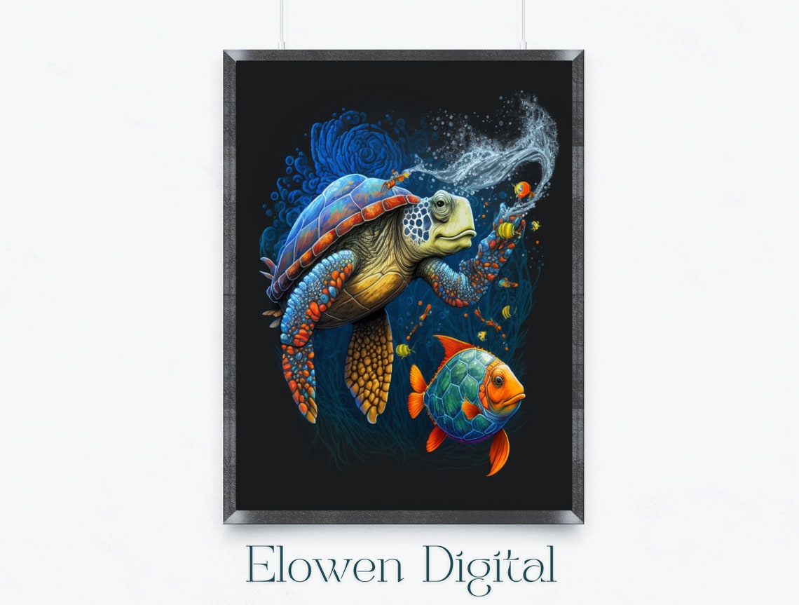 Playful Sea Turtle and Tropical Fish on Black Party Wall Poster