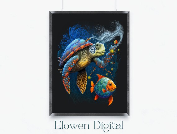 Playful Sea Turtle and Tropical Fish on Black Party Wall Poster