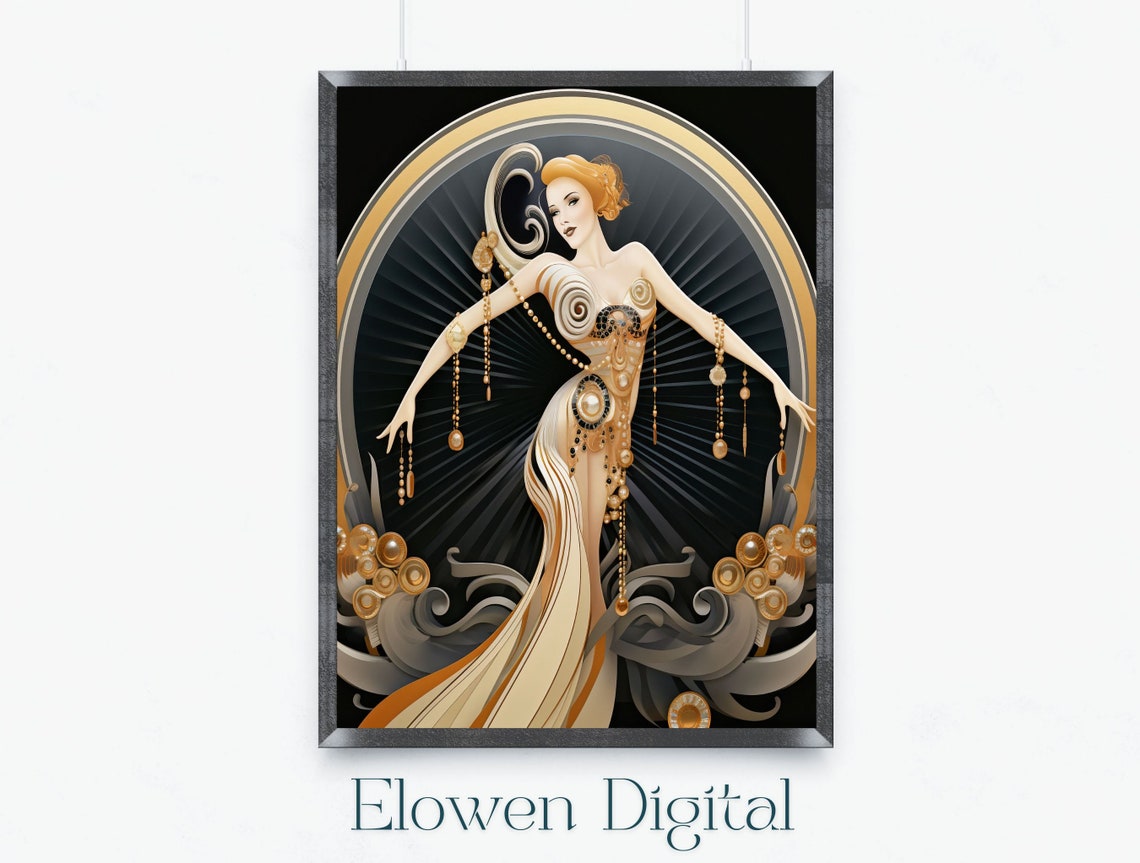 Elegant Art Deco Dancer In White And Gold Beaded Gown Swirling Print