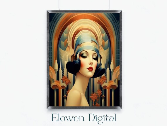 Art Deco Woman in Blue Headdress Beneath Radiant Gold Arch Poster