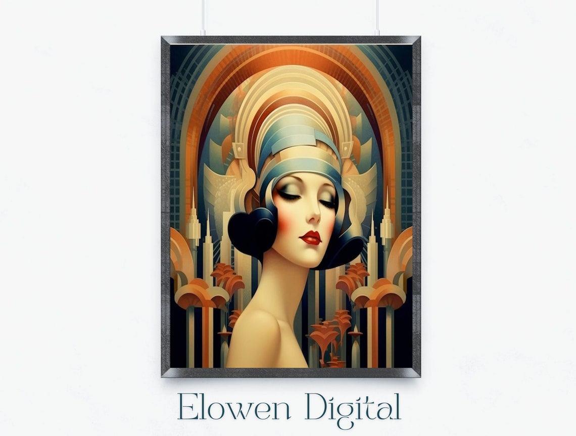 Art Deco Woman in Blue Headdress Beneath Radiant Gold Arch Poster