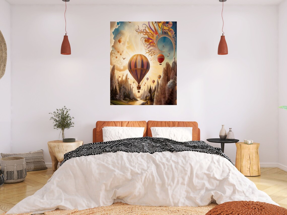 Whimsical Hot Air Balloons Over Mountain Valley Fantasy Art Poster - Image 3