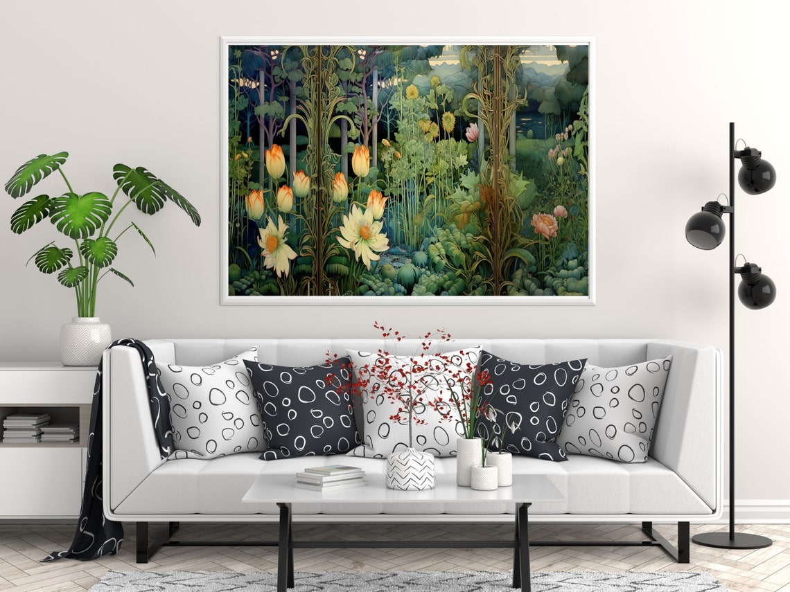 Art Nouveau Tulip Garden in a Blue-Green Forest Landscape Poster - Image 5