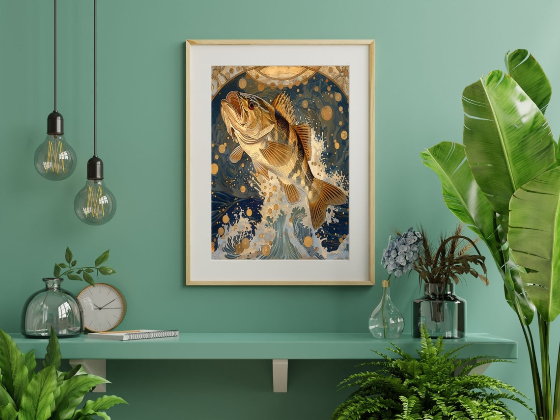 Art Nouveau Fish Wall Art Retro Salmon Decor Poster Trout Jumping Out Of The Water Wall Hanging Striped Bass Original Art - Image 4