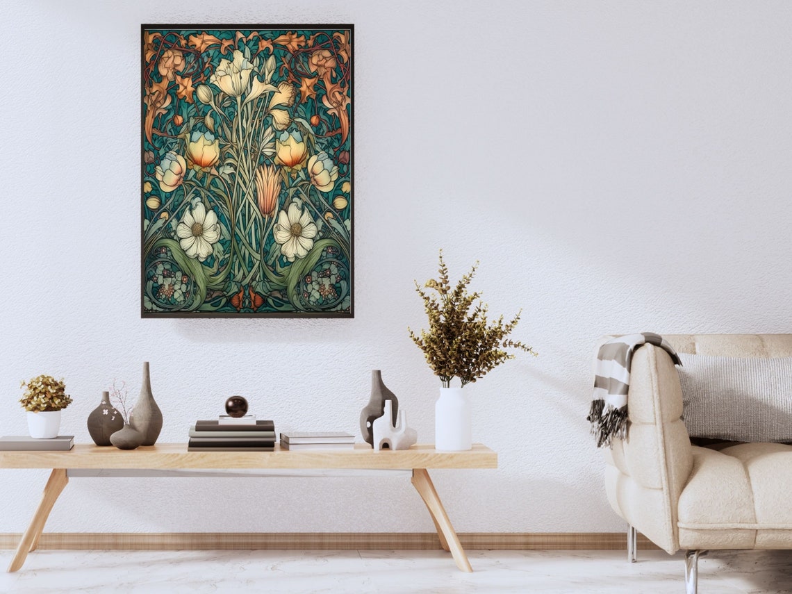 William Morris Style Ivory Anemones Teal Autumn Floral Wall Art - Image 4