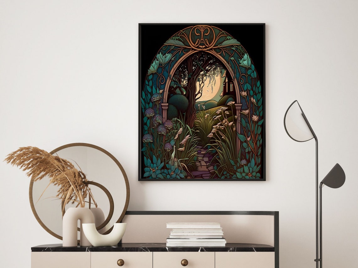 Art Nouveau Moonlit Garden Arch Willow Tree Night Garden Wall Art - Image 6