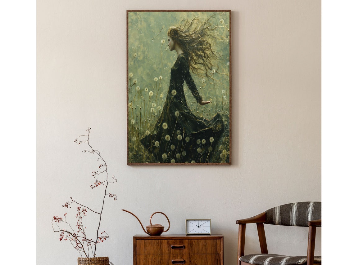 Dandelion Meadow Woman in the Wind Dark Floral Botanical Wall Poster - Image 5