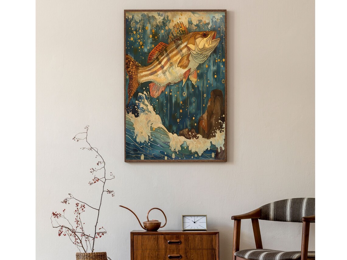 Art Nouveau Striped Bass Leaping Ocean Wave Fishing Wall Art - Image 6