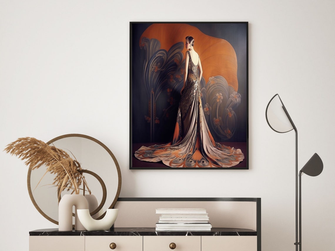 Art Deco Woman in Peacock-Feather Train Gown From Behind Poster - Image 5